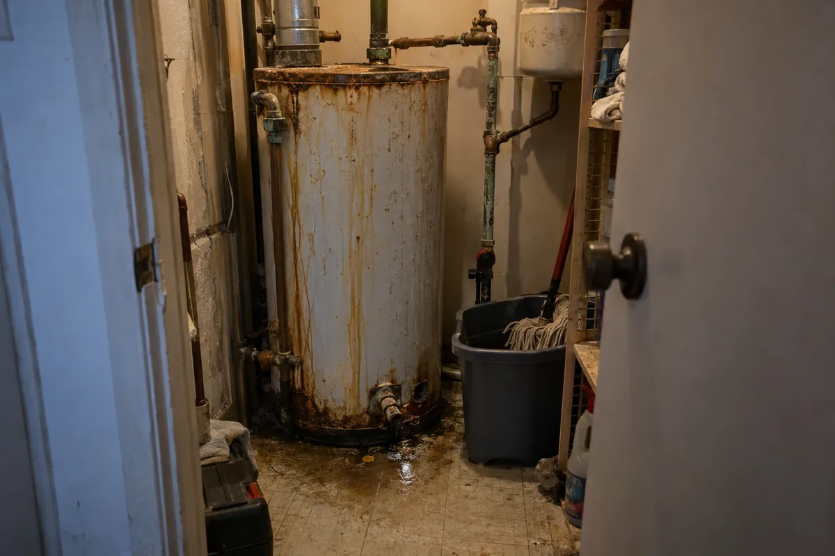 Calentador de agua viejo y oxidado con una fuga en un departamento sin agua caliente
