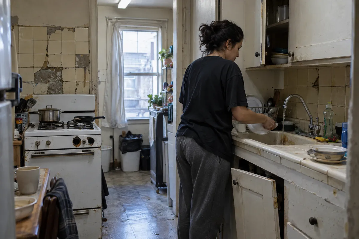 Cocina de un departamento con azulejos rotos y una puerta de gabinete que el casero no ha reparado