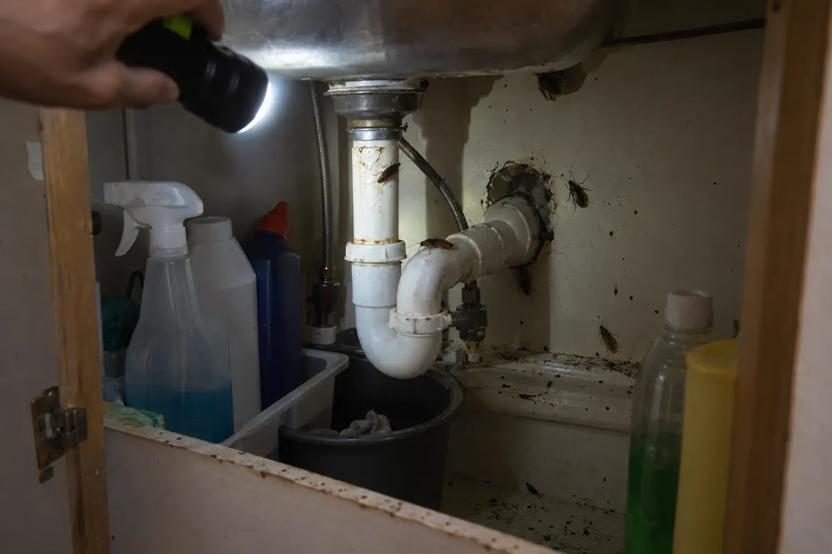 Cucarachas en la tubería debajo del fregadero de la cocina de un departamento