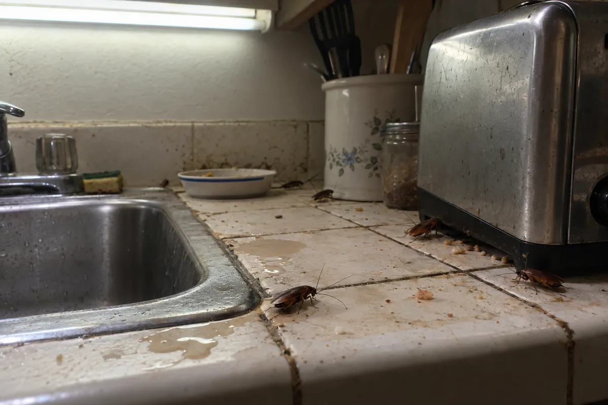 Cucarachas en el mostrador de la cocina de un departamento en Los Ángeles