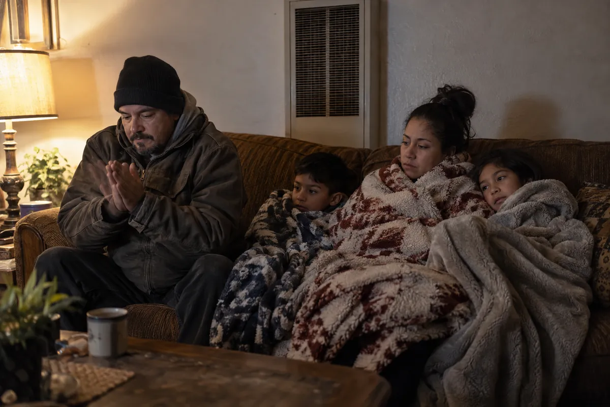 Familia con cobijas en su departamento sin calefacción durante una noche fría en Los Ángeles