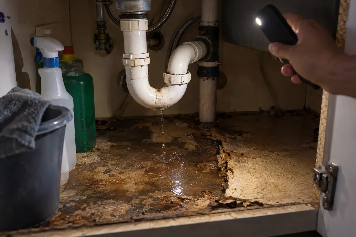 Fuga de agua debajo del fregadero de la cocina con el mueble mojado y dañado