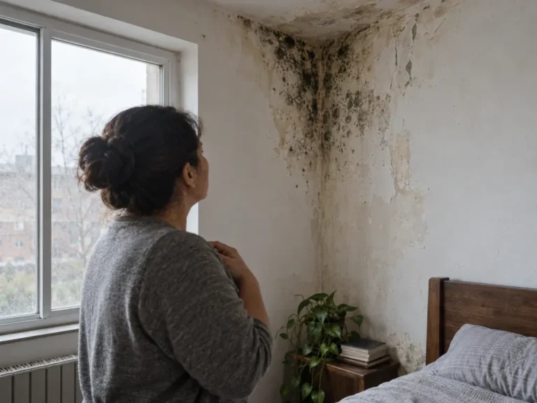 Inquilina preocupada mira manchas de moho en la pared de su recámara