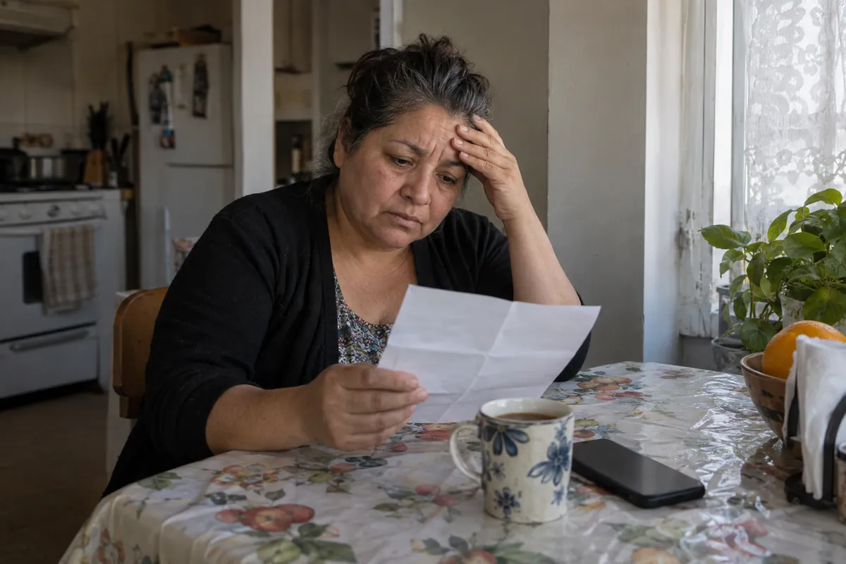 Inquilina preocupada lee una carta del casero en la mesa de su cocina