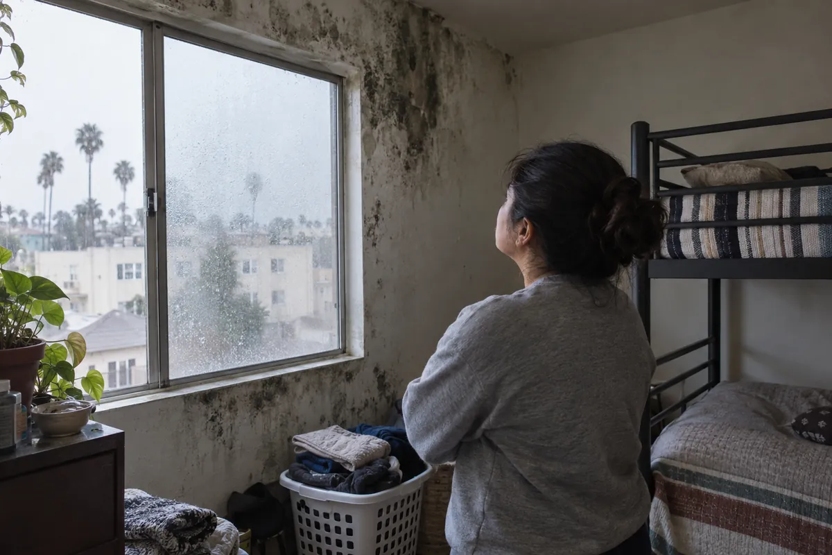 Inquilina mira el moho alrededor de la ventana de la recámara de su departamento