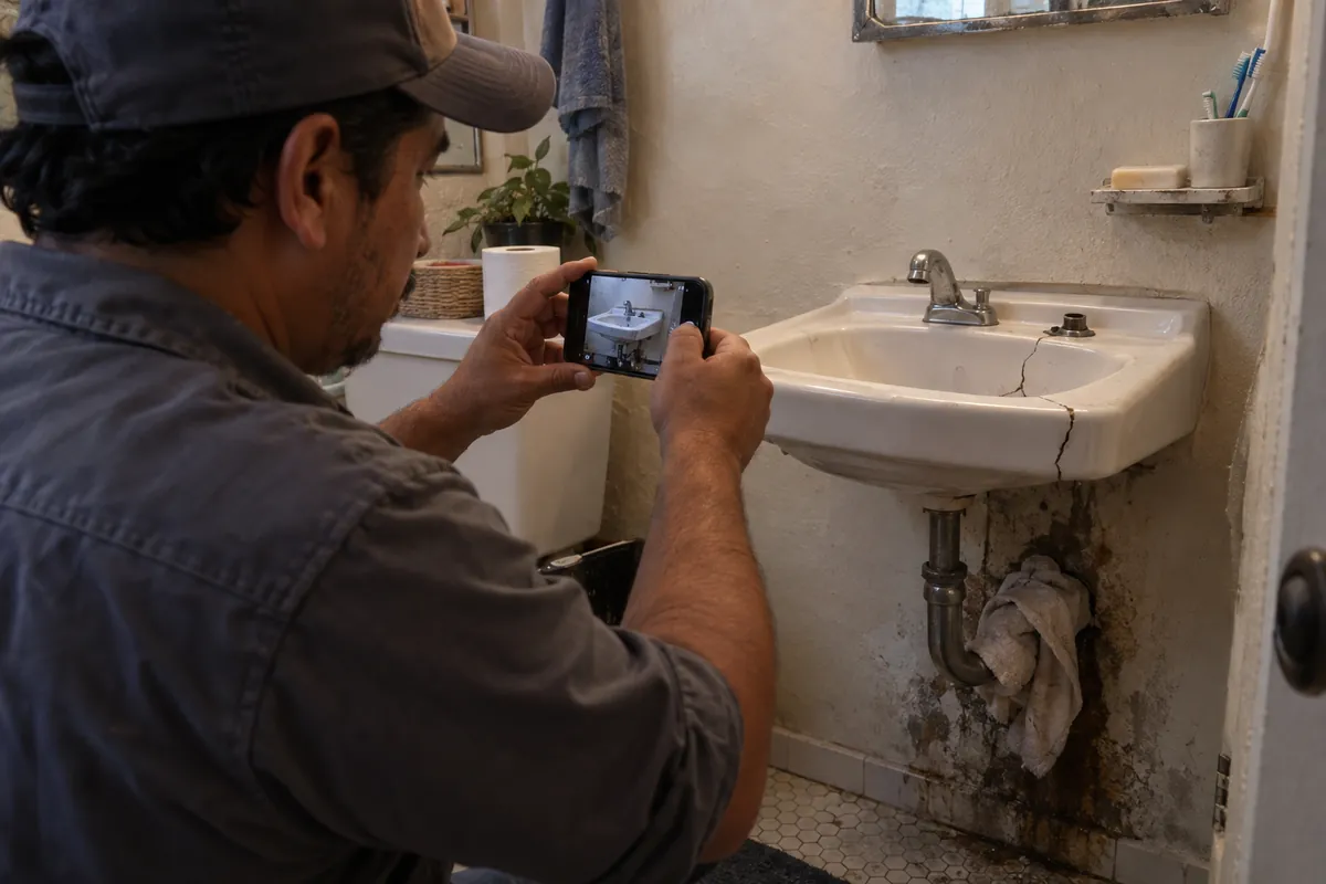 Inquilino toma fotos con su celular de un lavabo roto que el casero no ha reparado