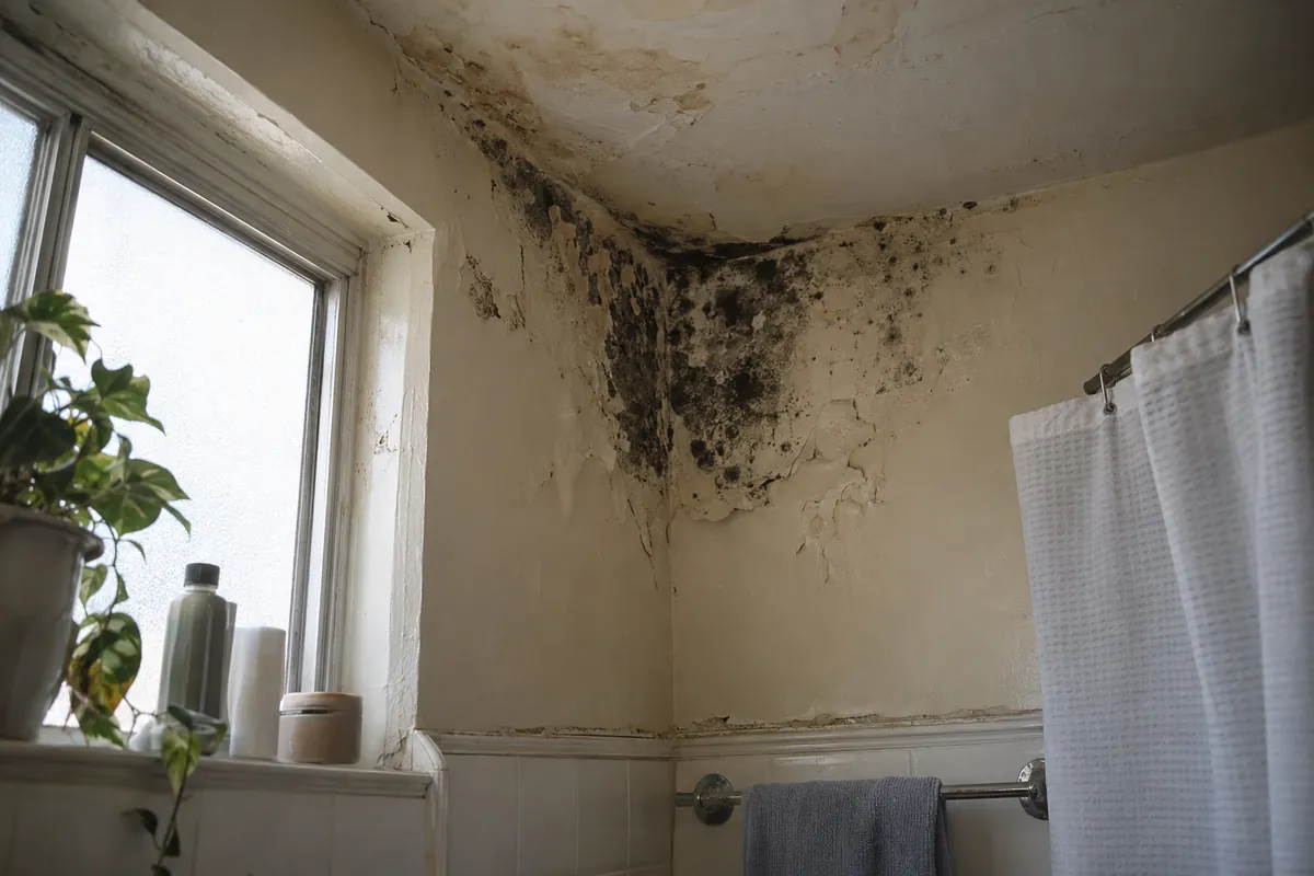 Moho negro en la pared y el techo del baño de un departamento en Los Ángeles